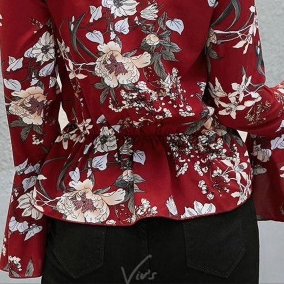 RED Floral Bell Sleeve V Neck - Picture 3 of 11